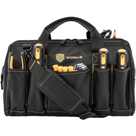Works 16 Inch Wide Mouth Tool bag with 16 pockets Dual Zippered | Black - Picture 2 of 7
